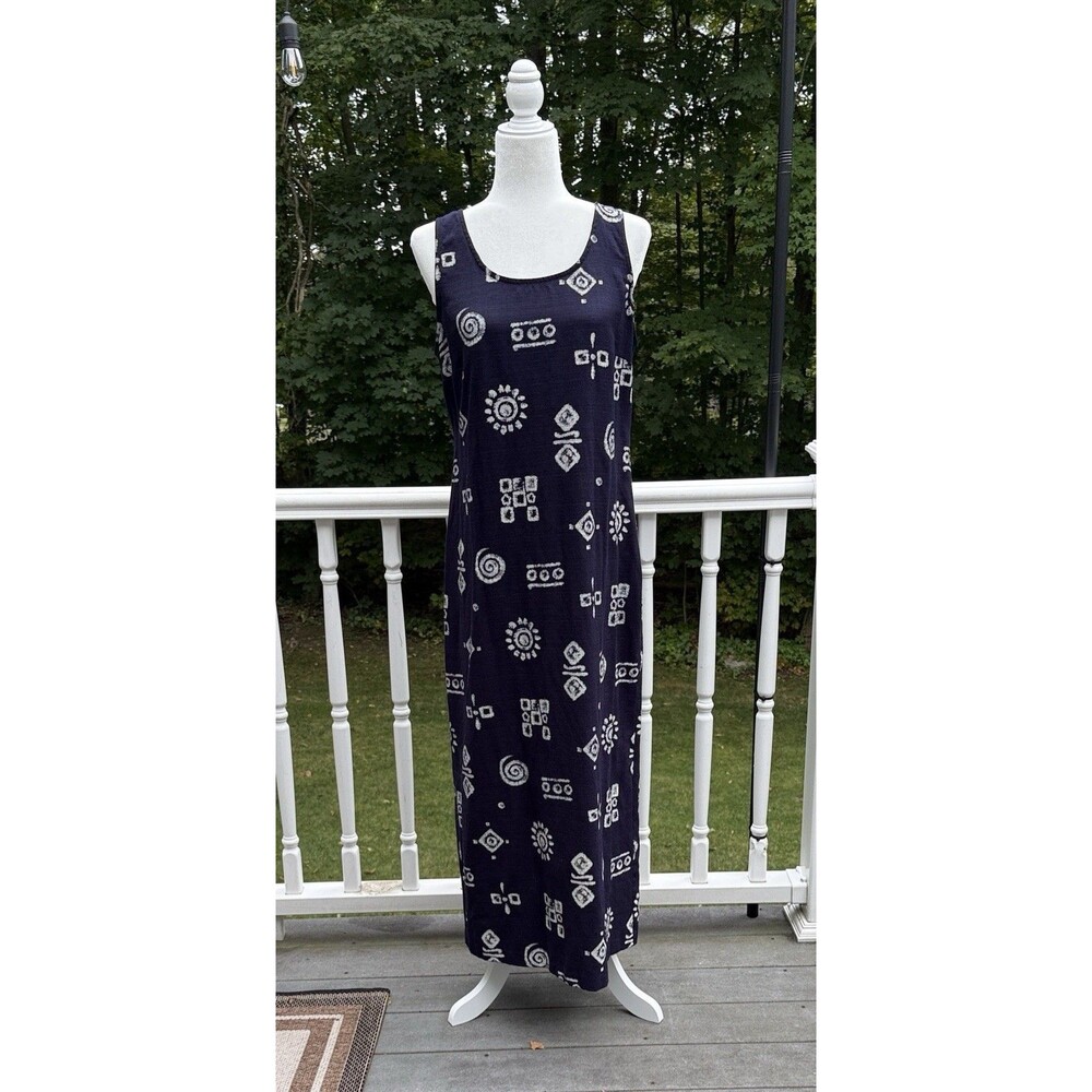 Vintage 1990s R.J. & Co. Navy Blue Maxi Dress with White Tribal Print Size 12